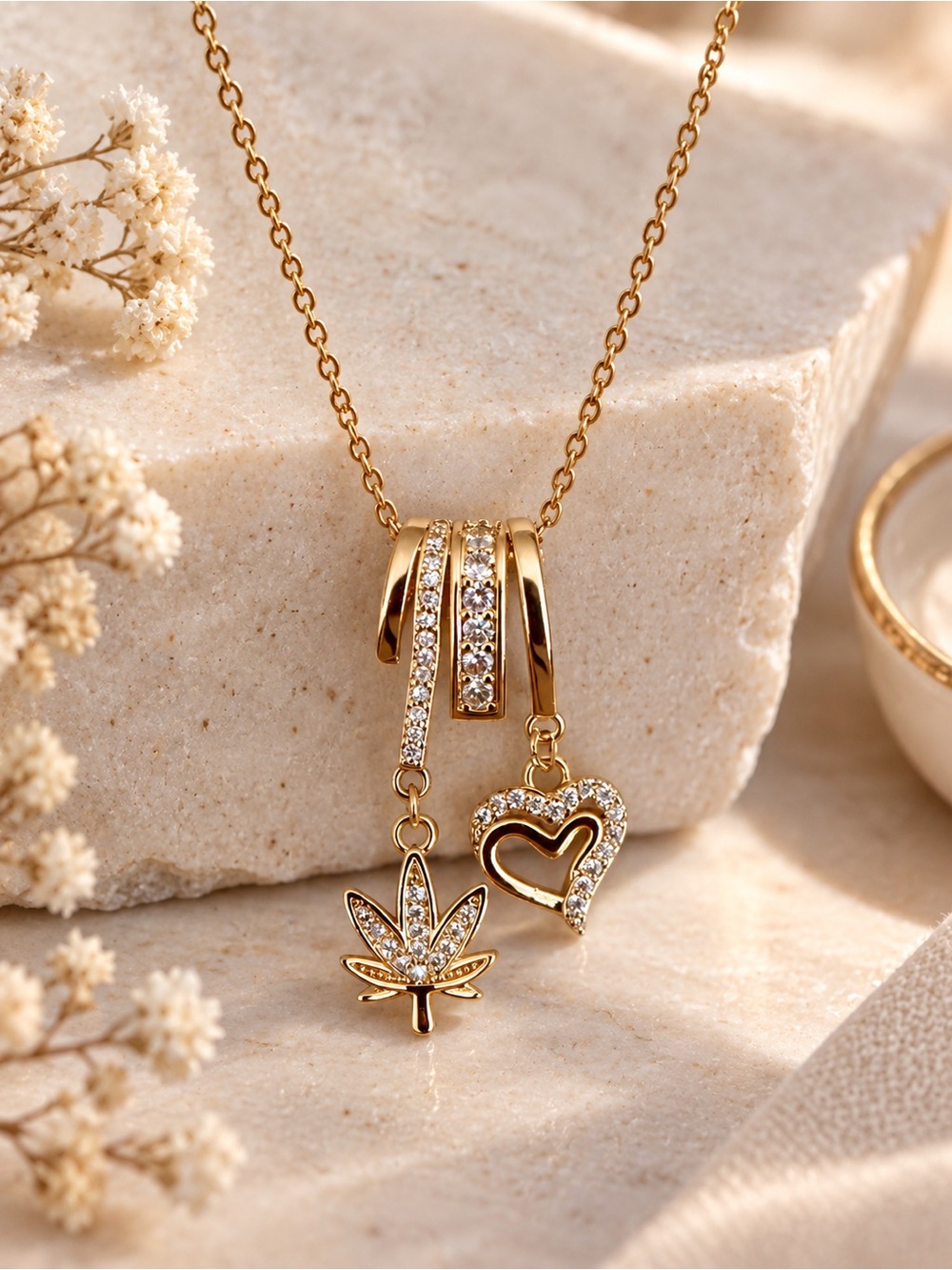 Gold Tone Rhinestone Leaf & Heart Charm Necklace